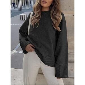 Anrabess Gray Plush Oversized Crewneck Sweater